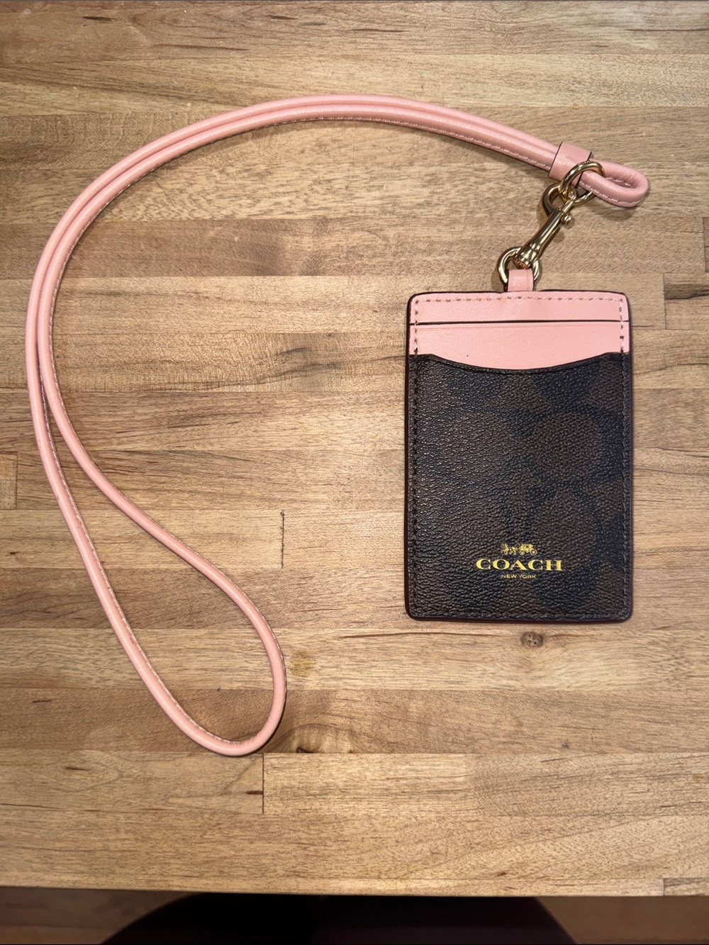 Coach Brown Signature ID Card Holder with Pink Lanyard